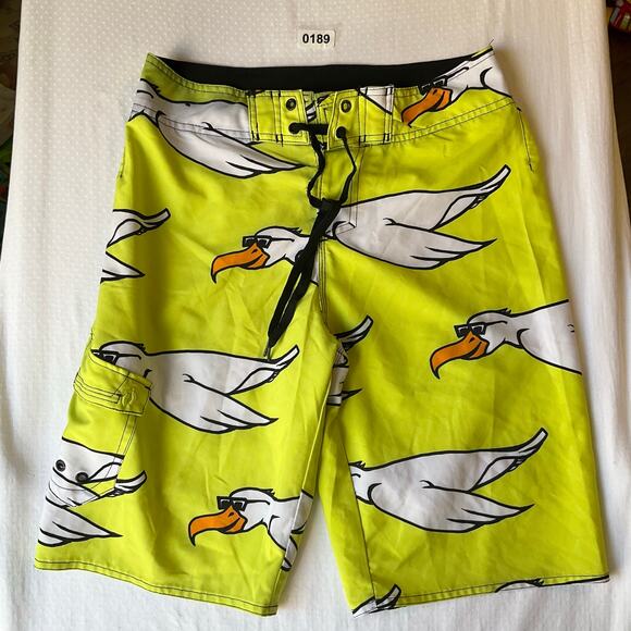 Hang Ten Men Swimming Trunks with Liner size 30 Bright Green with Seagulls Print - Picture 1 of 12